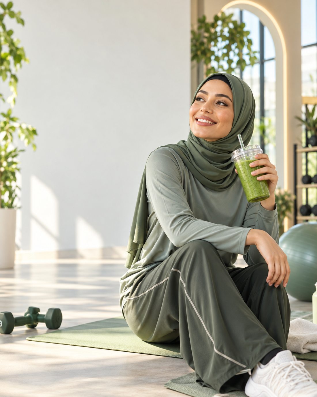 Smiling Muslim woman wearing modest olive green athletic clothing and hijab, holding green juice after a workout